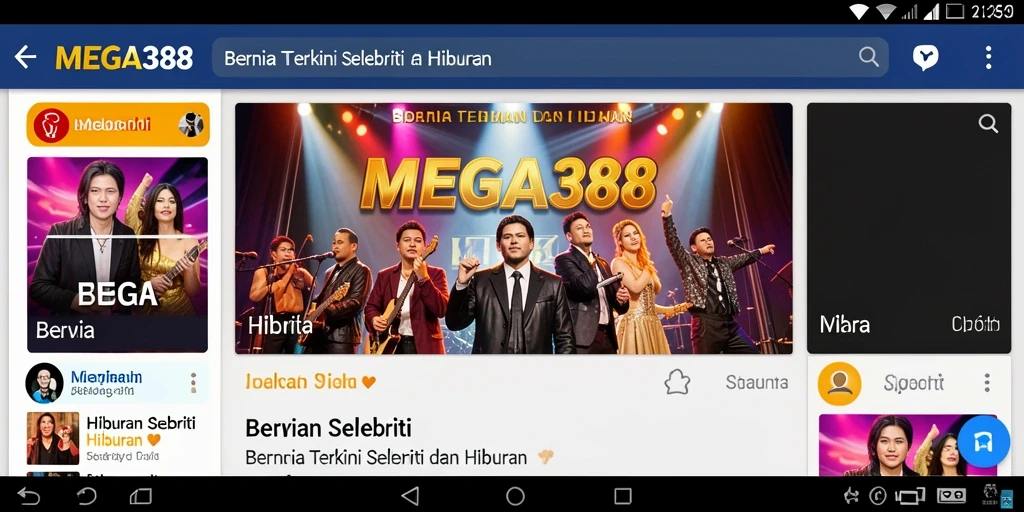 Antarmuka MEGA388 yang menampilkan berita selebriti terkini.