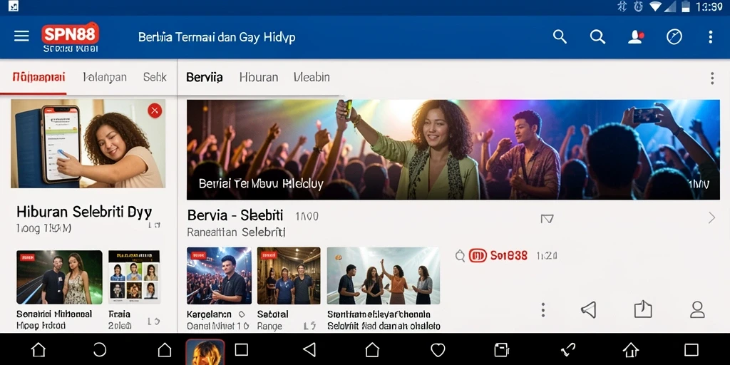 Antarmuka aplikasi SPN88 menampilkan berita selebriti terkini dengan menarik.